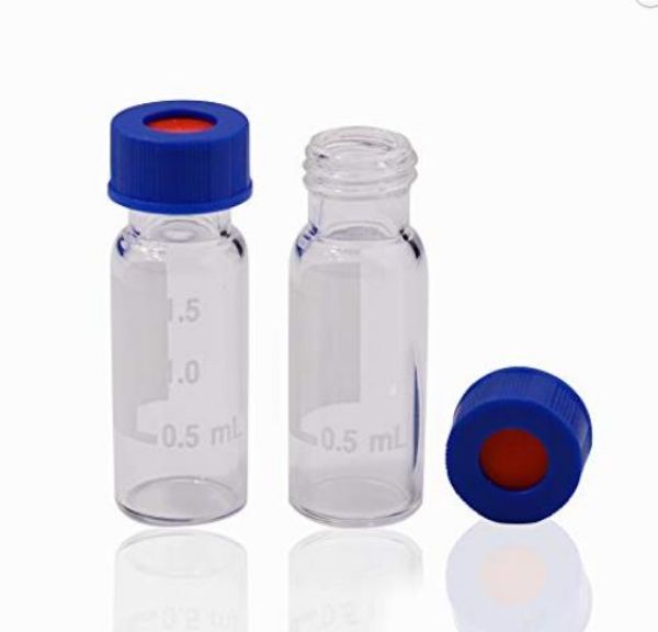Picture of 2 ml, Sampling vial for HPLC, white PTFE/red Silicone septa, black screw PP cap 6mm centre hole